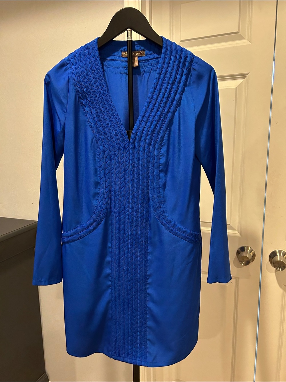 charlie jade Royal Blue Long-Sleeve V-Neck Dress with Braided Placket